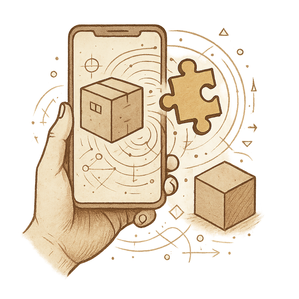 Illustration of a hand interacting with mixed reality packaging elements