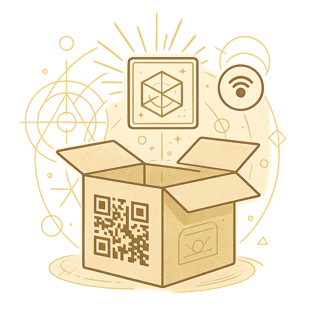 Illustration of a product box with QR code activating a mixed reality experience